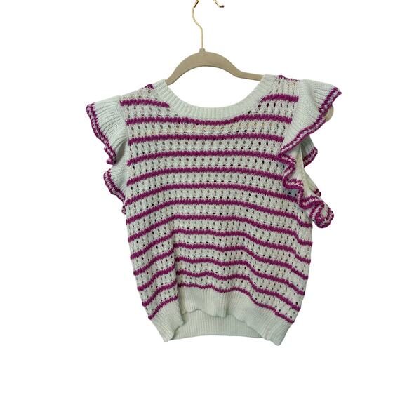 Women's Cute Summer Crochet Striped Crewneck flounce Ruffles Cap Sleeve tops S - Picture 6 of 8